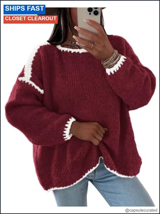 Sweaters - Oversized Chunky Knit Crewneck Pullover Sweater Drop Shoulder
